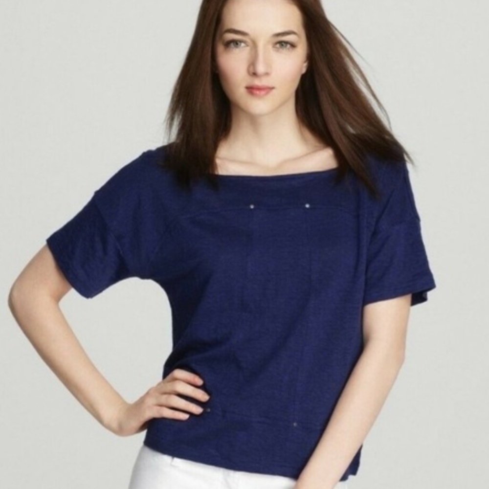 EILEEN FISHER Cobalt Blue Soft Linen Studded Cropped Boxy Blouse Women's Size M